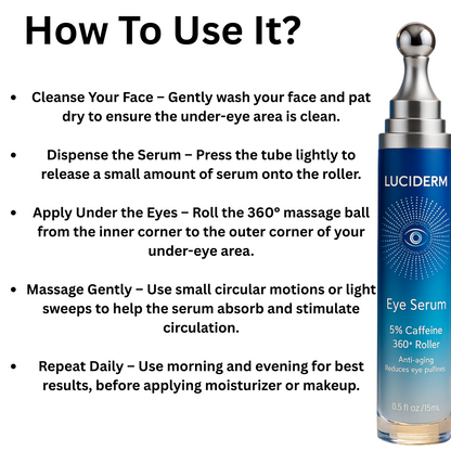 Luciderm eye serum with usage instructions on a white background