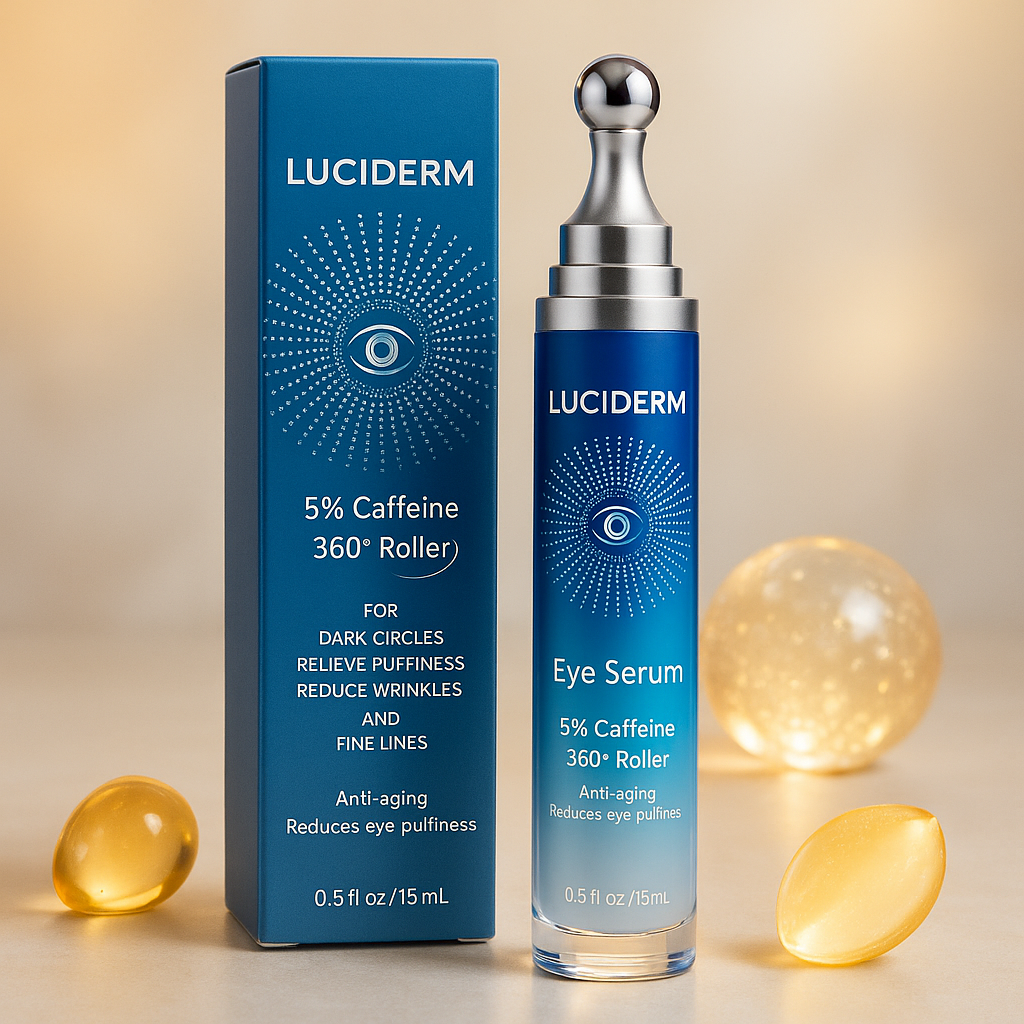Luciderm eye serum and packaging on a beige background