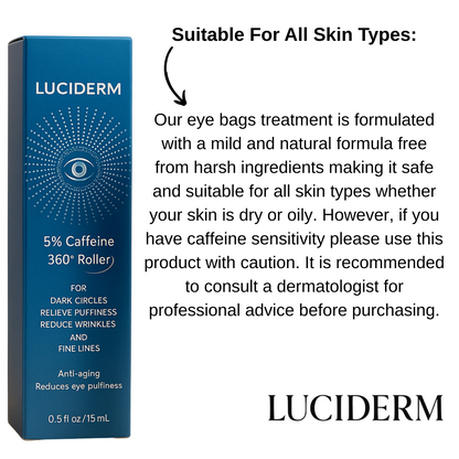 Luciderm eye serum with information about the skin types on white background 